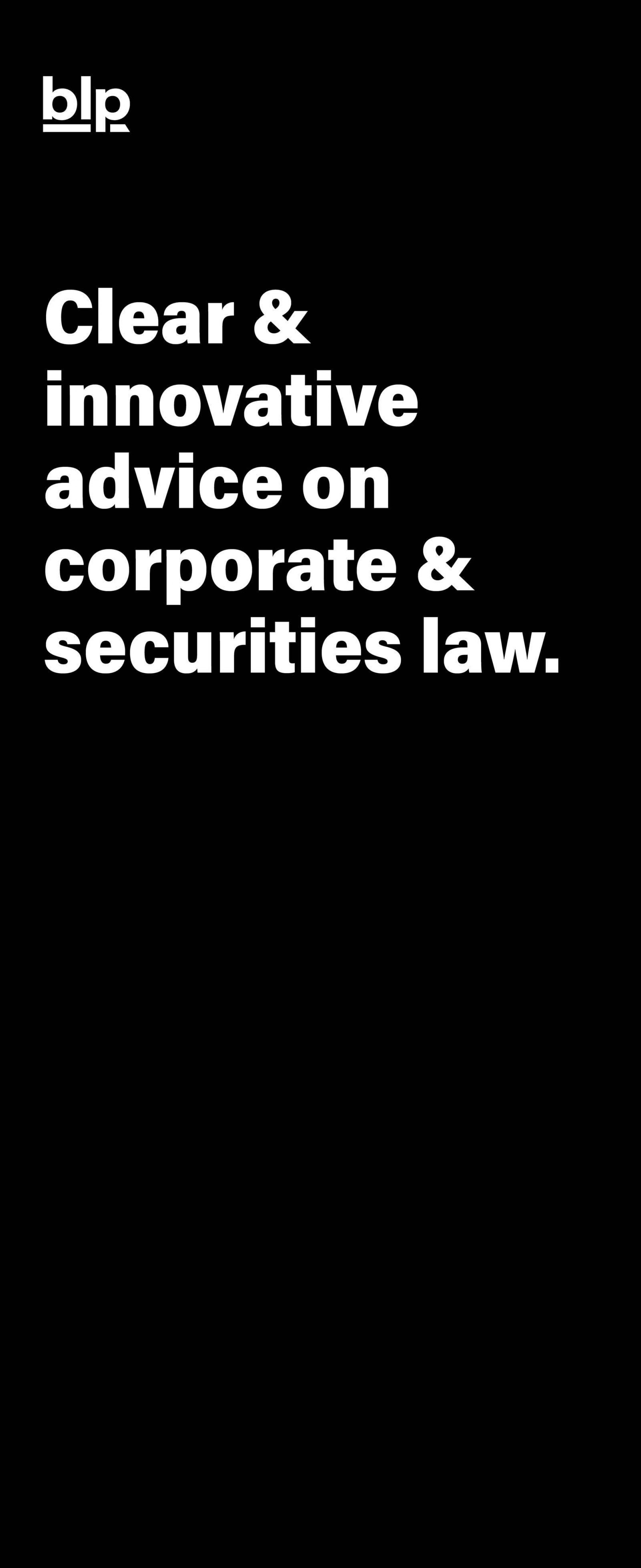 A large event banner for BLP Law that reads: "Clear & innovative advice on corporate & securities law."