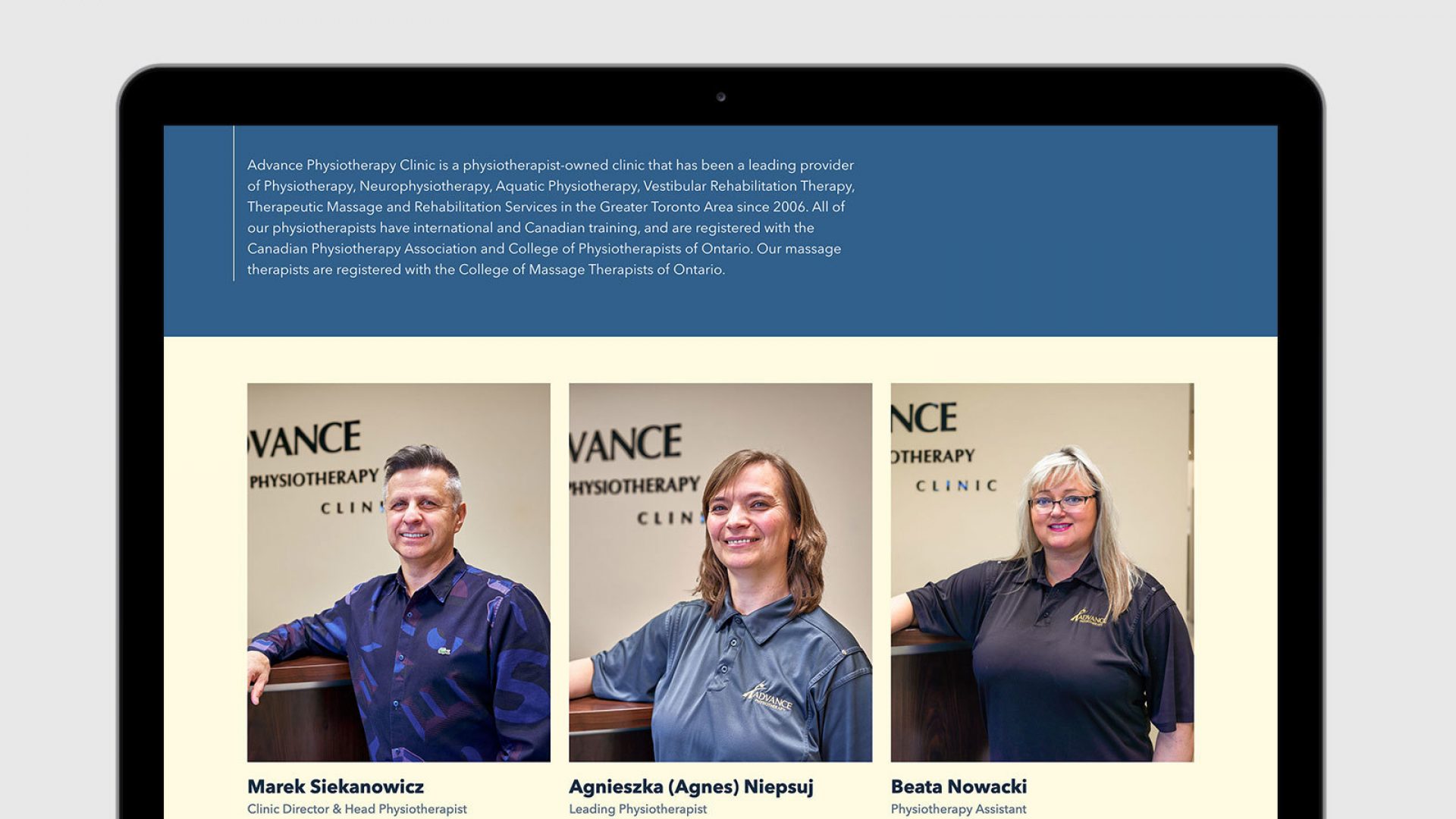 The staff page of Advance Physiotherapy Clinic on a laptop.