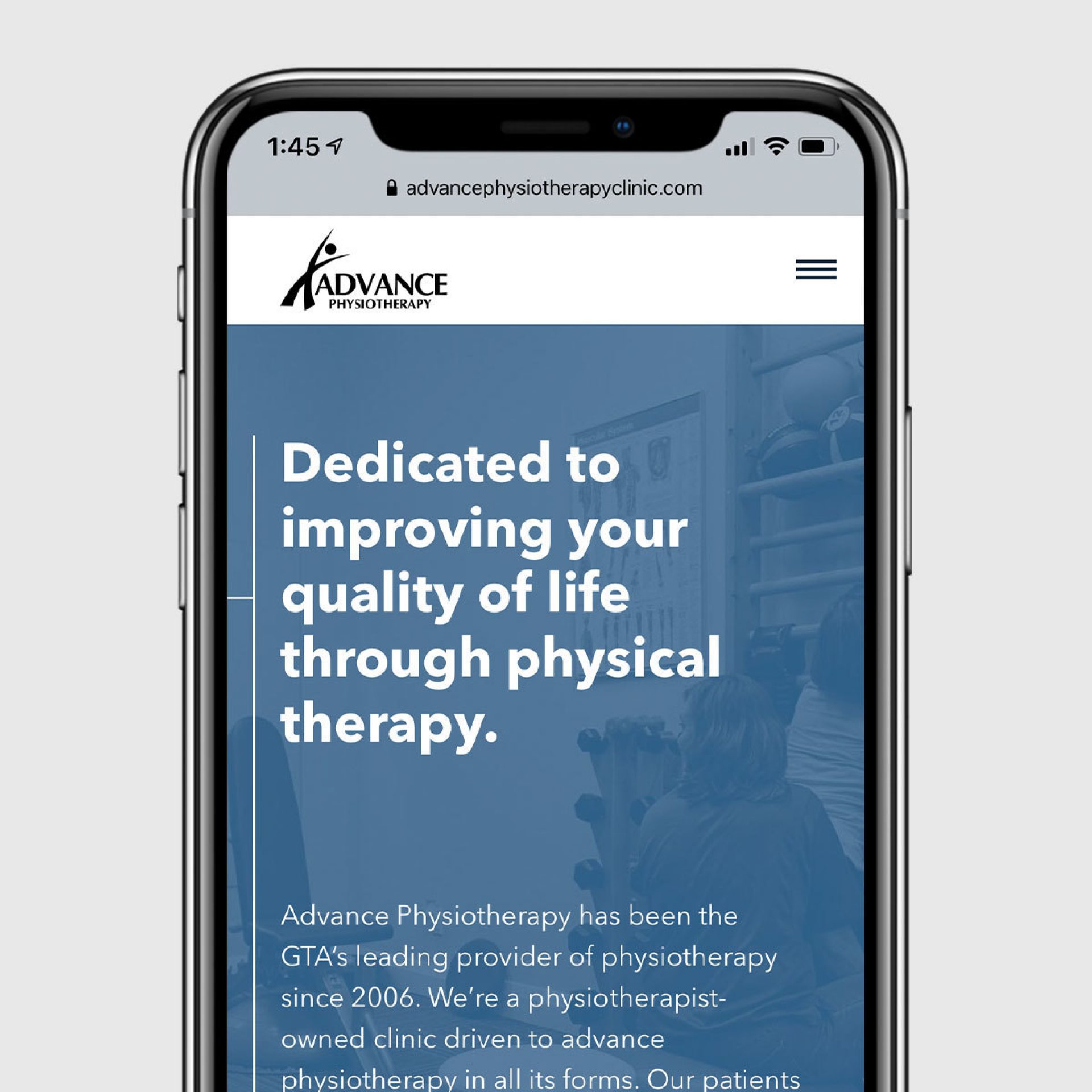 The home page of Advance Physio on a phone