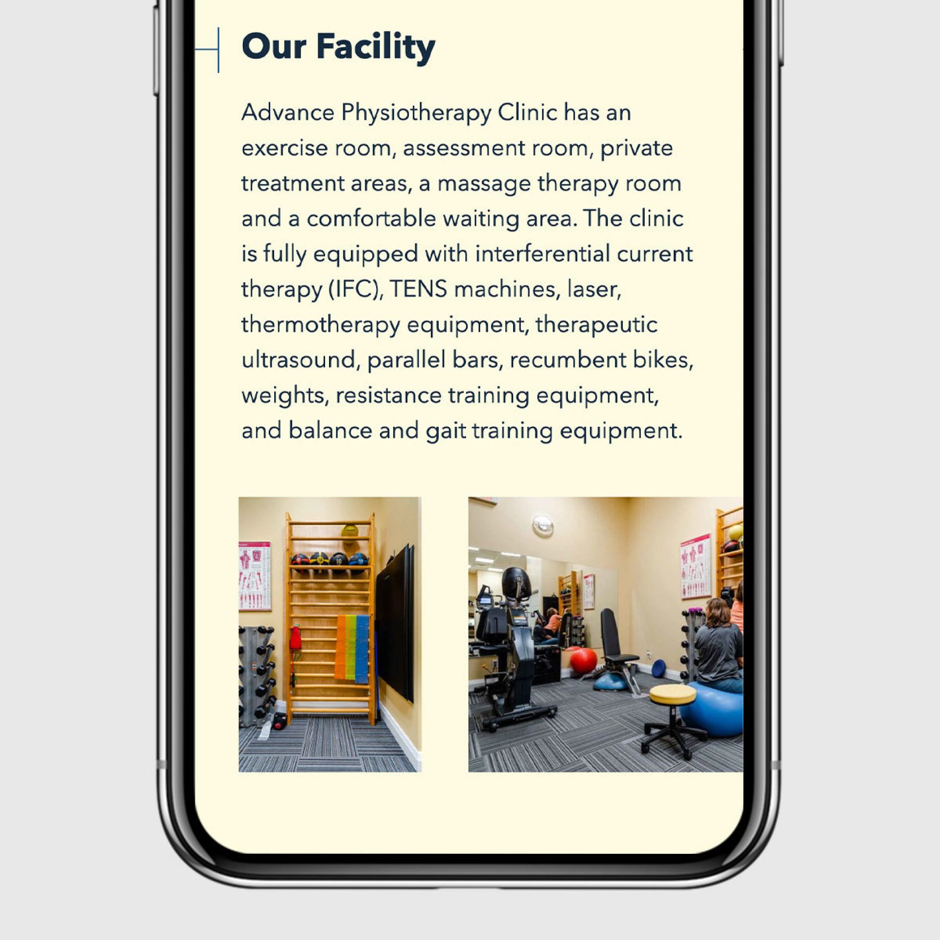 The About page of Advance Physiotherapy Clinic on a phone