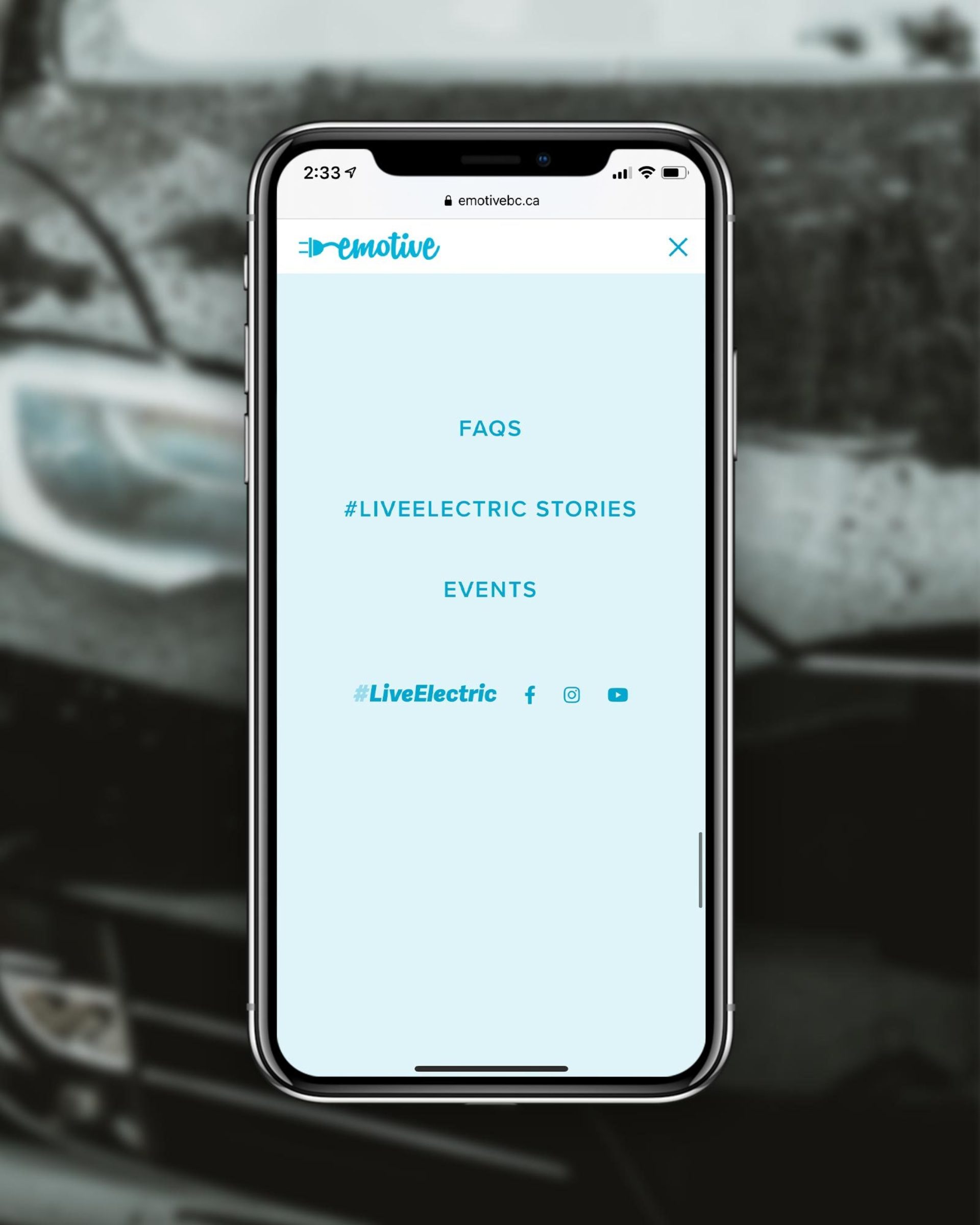 The mobile menu on the Emotive website
