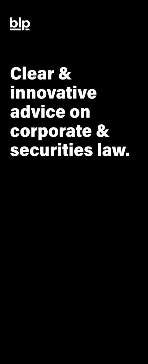 A large event banner for BLP Law that reads: "Clear & innovative advice on corporate & securities law."