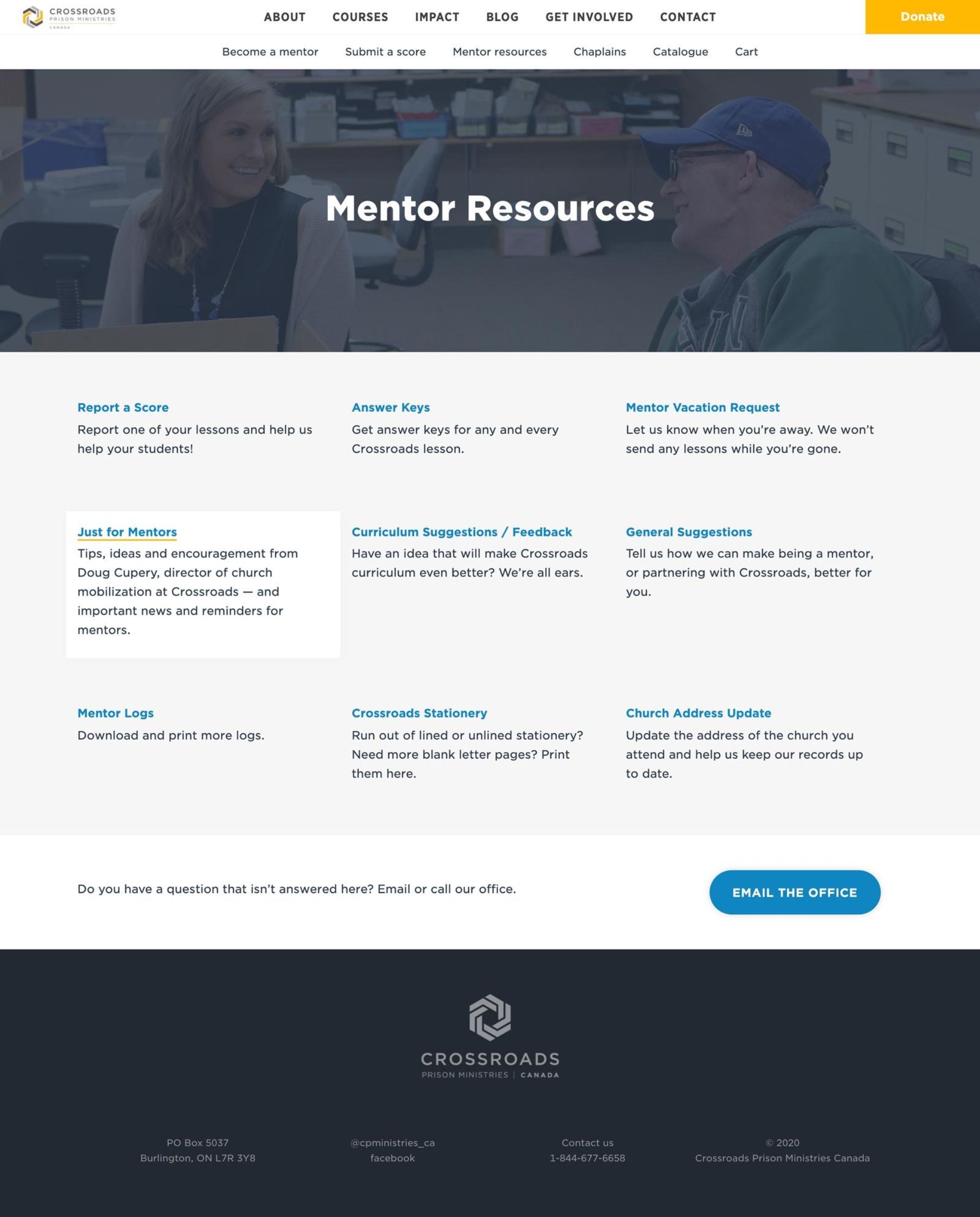 Full size screenshot of the Mentor Resources page on the Crossroads website