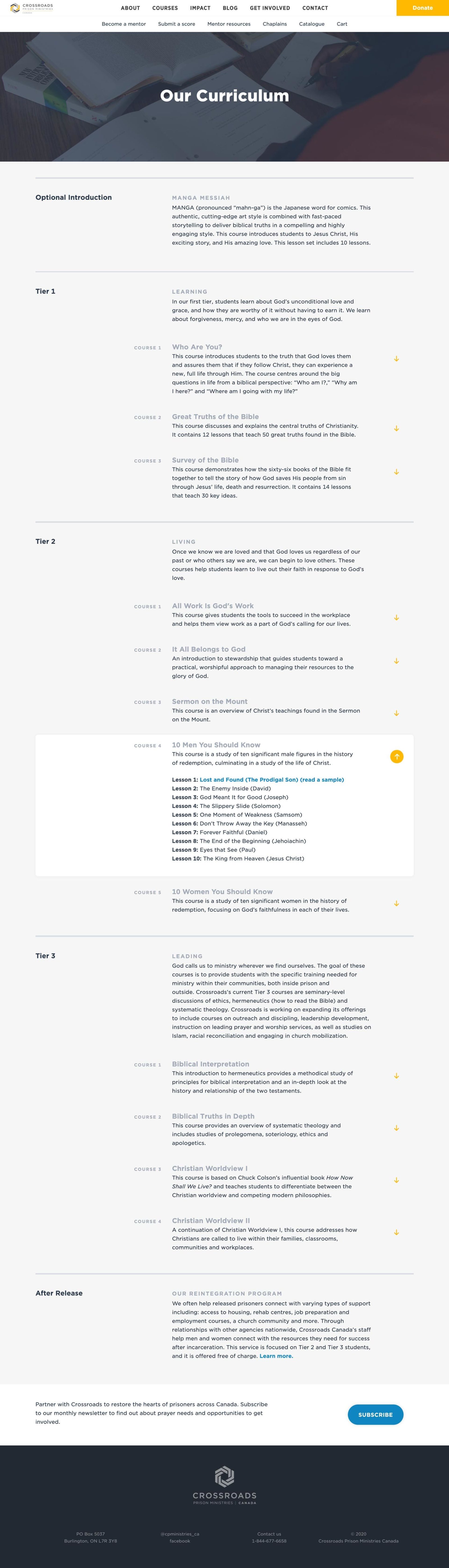 A full page screenshot of the Curriculum page from Crossroads