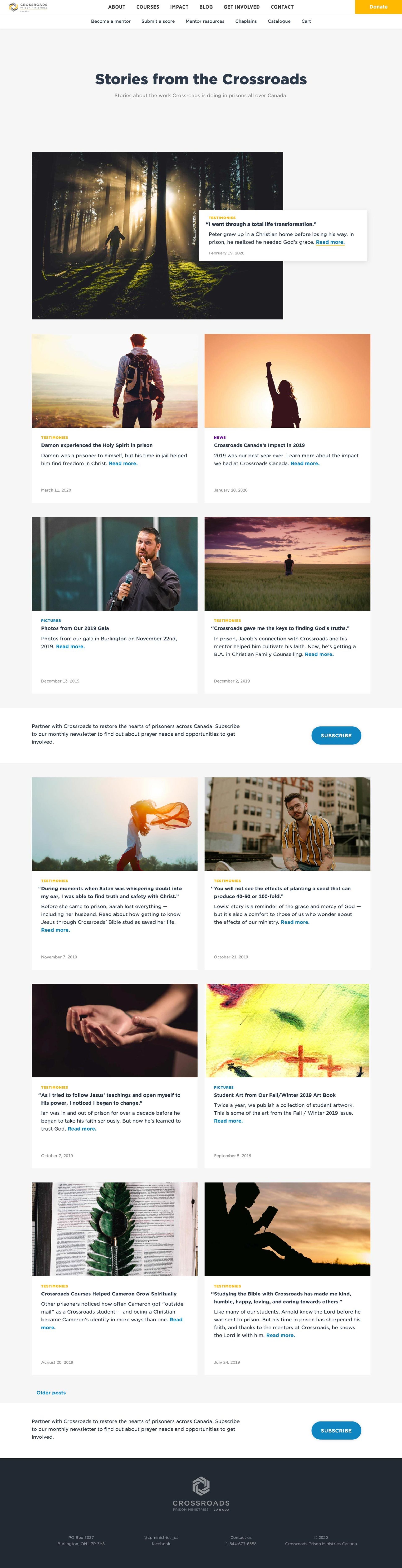 Full size screenshot of the blog page on the Crossroads website