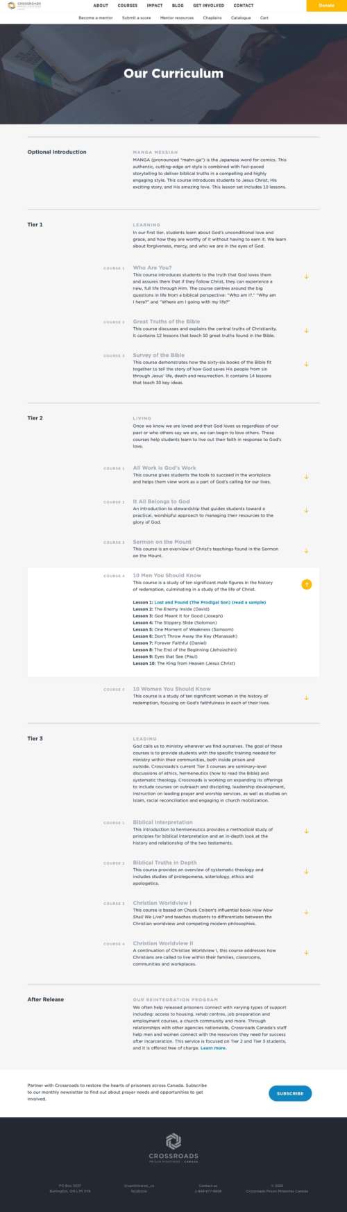A full page screenshot of the Curriculum page from Crossroads