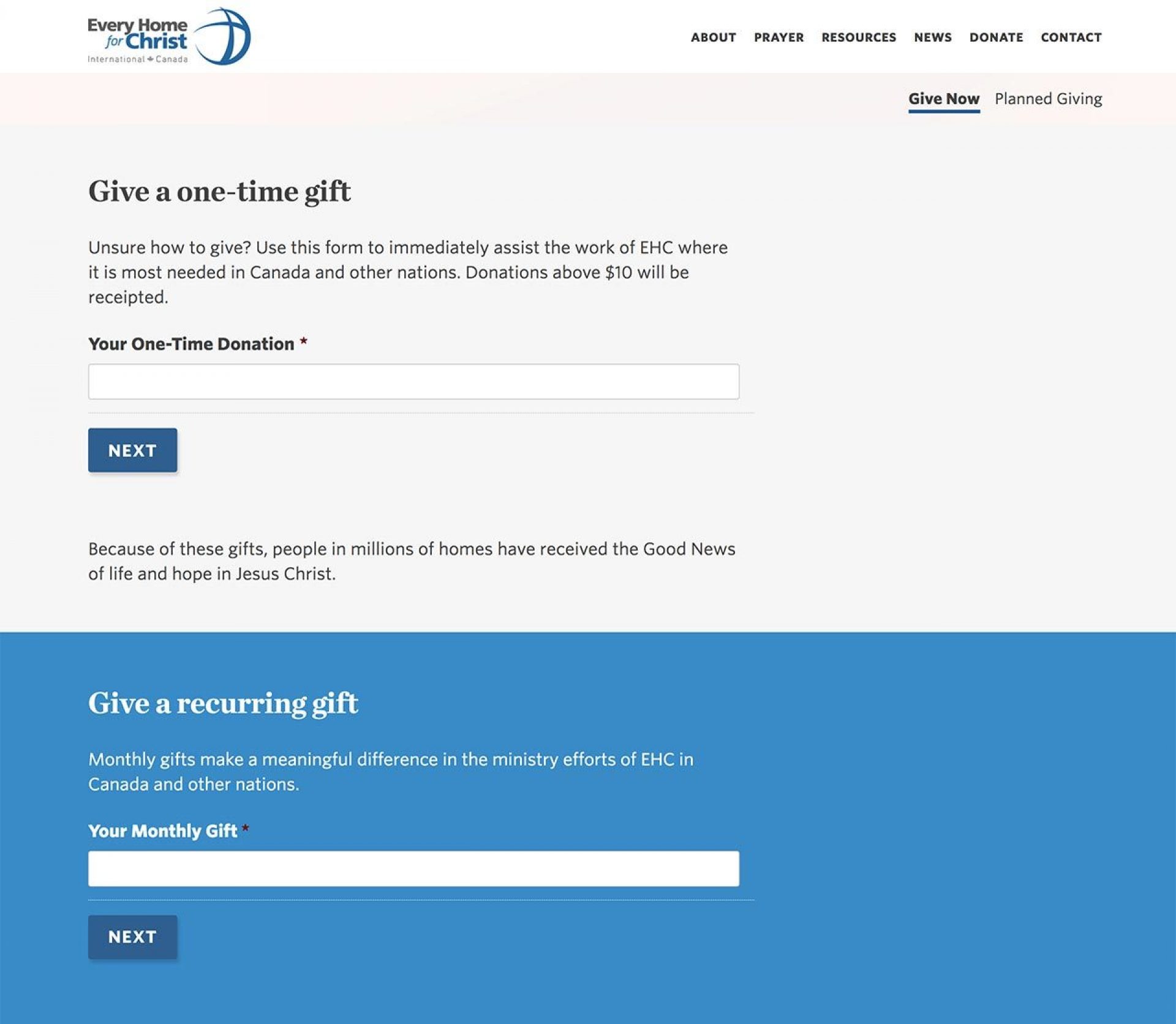 The new donate page on EHC's websites