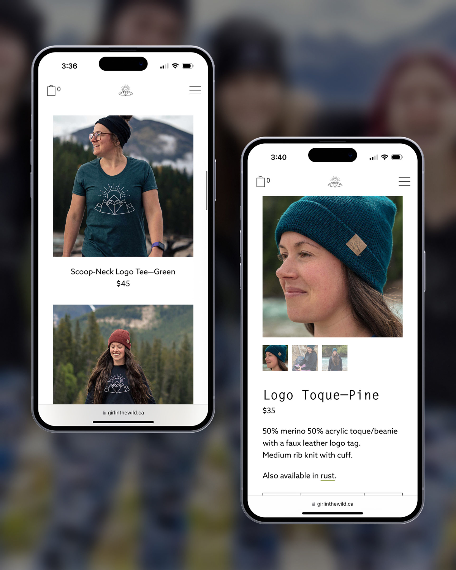 The Shop page and a product page on Girl in the Wild's website, displayed on two iPhones.