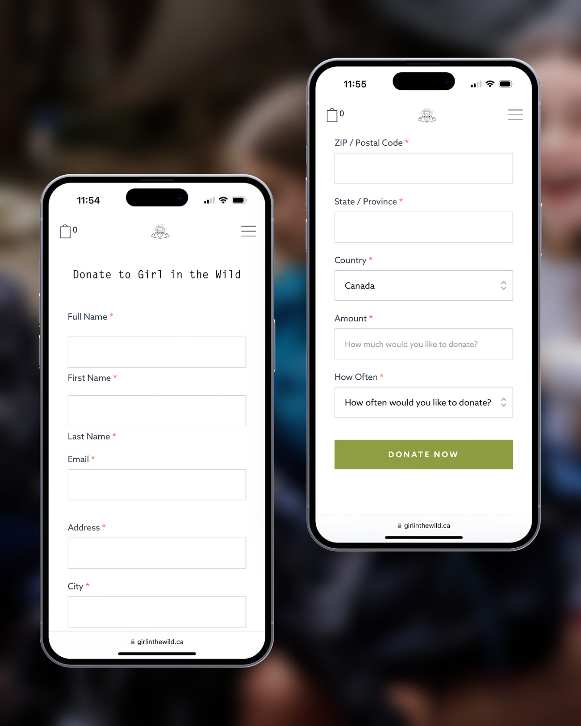 The donation form on Girl in the Wild's website, displayed on two iPhones.