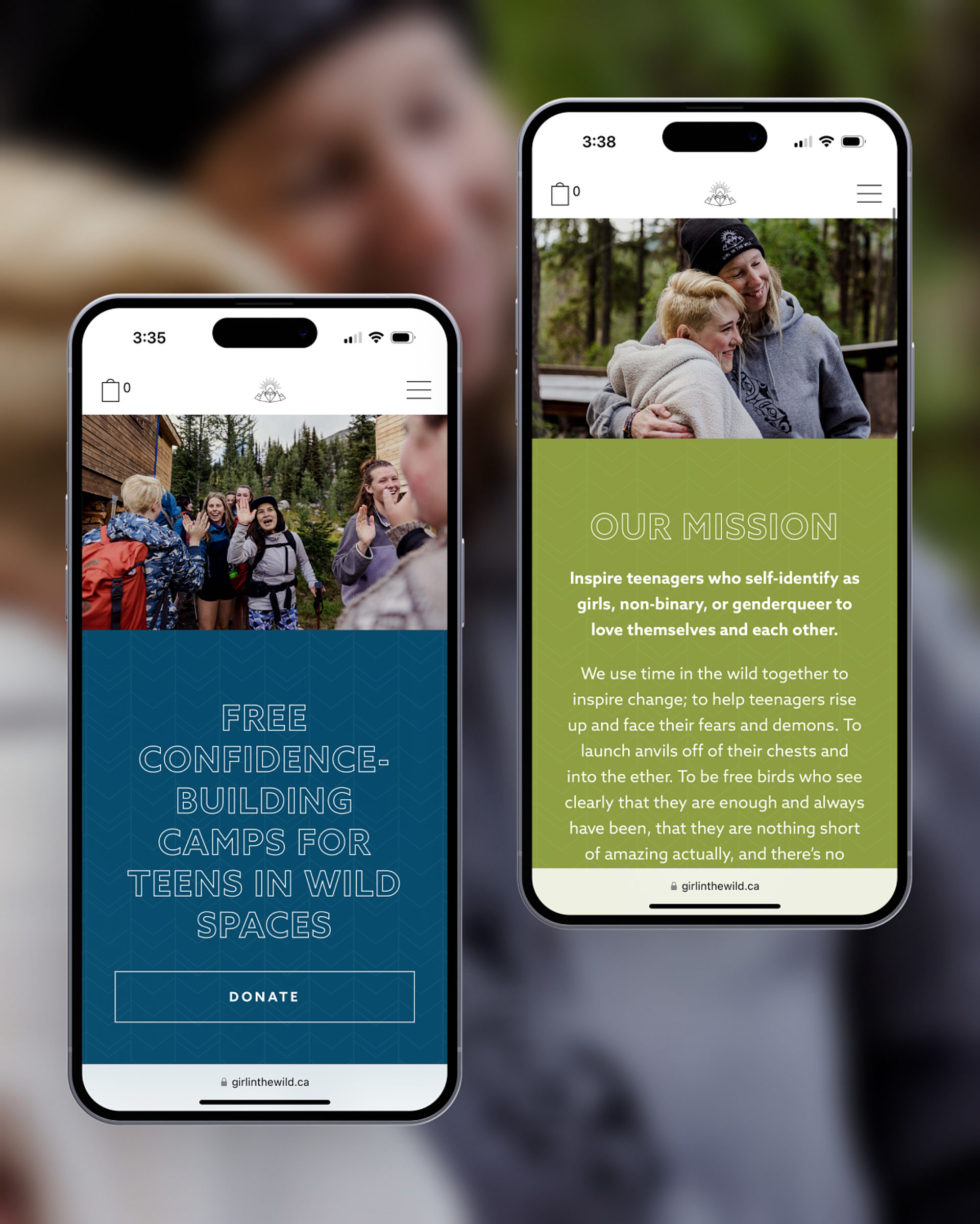 Rich content layouts on Girl in the Wild's website, displayed on two iPhones.