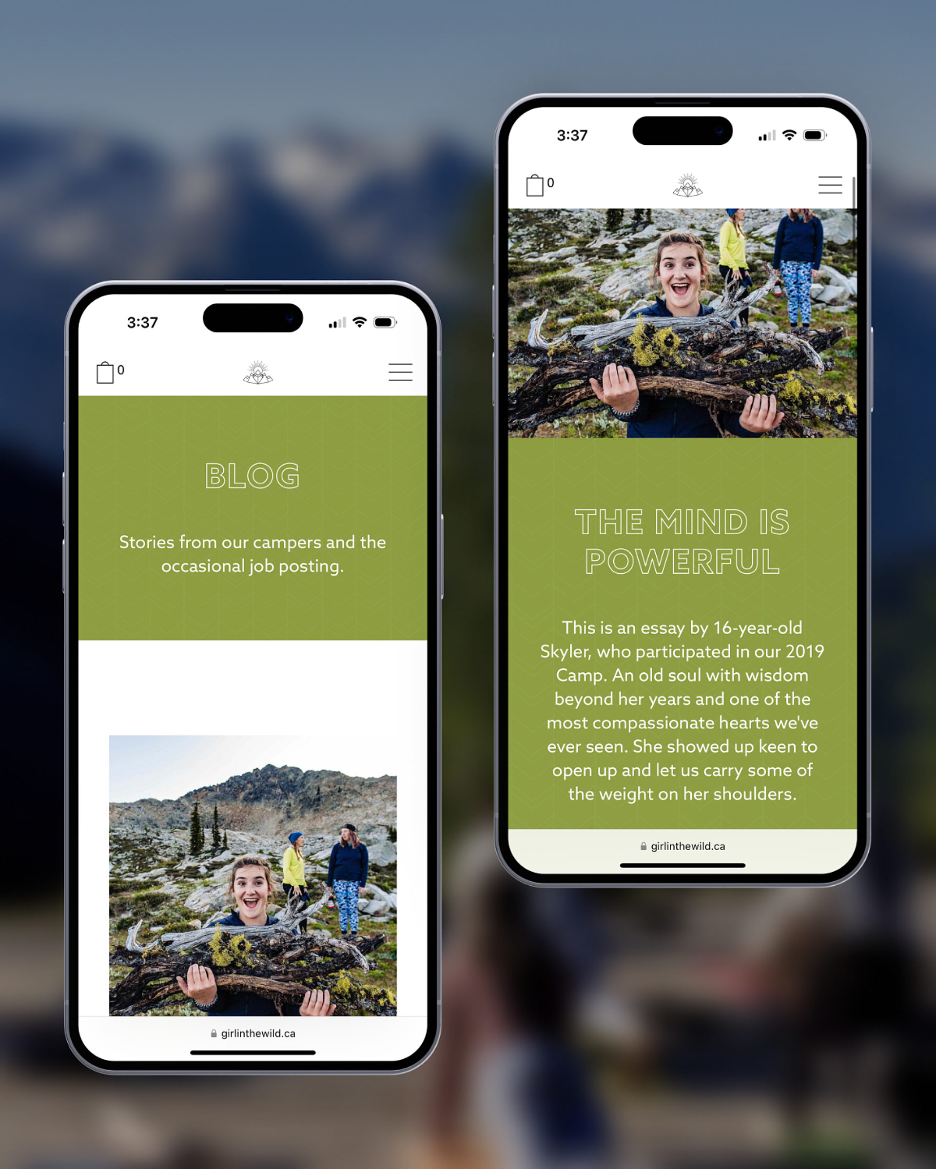 The blog page and a blog post on Girl in the Wild's website, displayed on two iPhones.