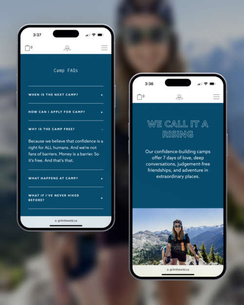 Two more rich content layouts on Girl in the Wild's website, displayed on two iPhones.