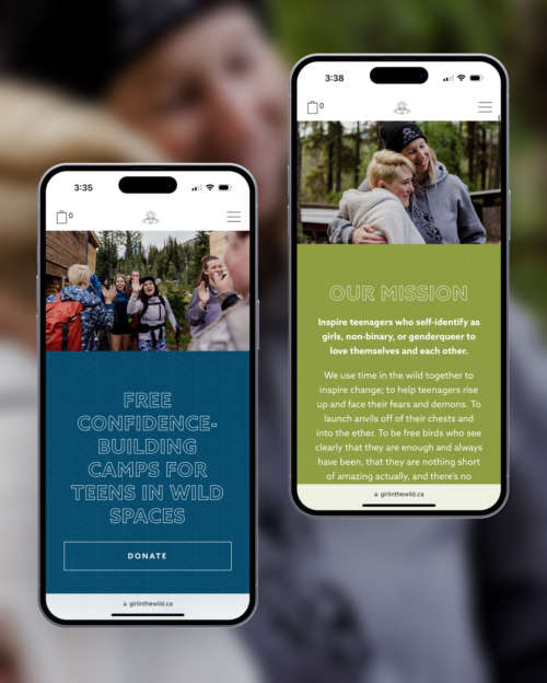 Rich content layouts on Girl in the Wild's website, displayed on two iPhones.