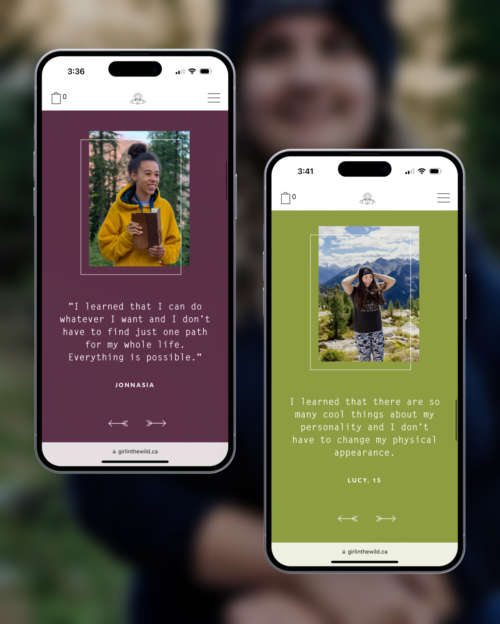 Two testimonials on Girl in the Wild's website, displayed on two iPhones.