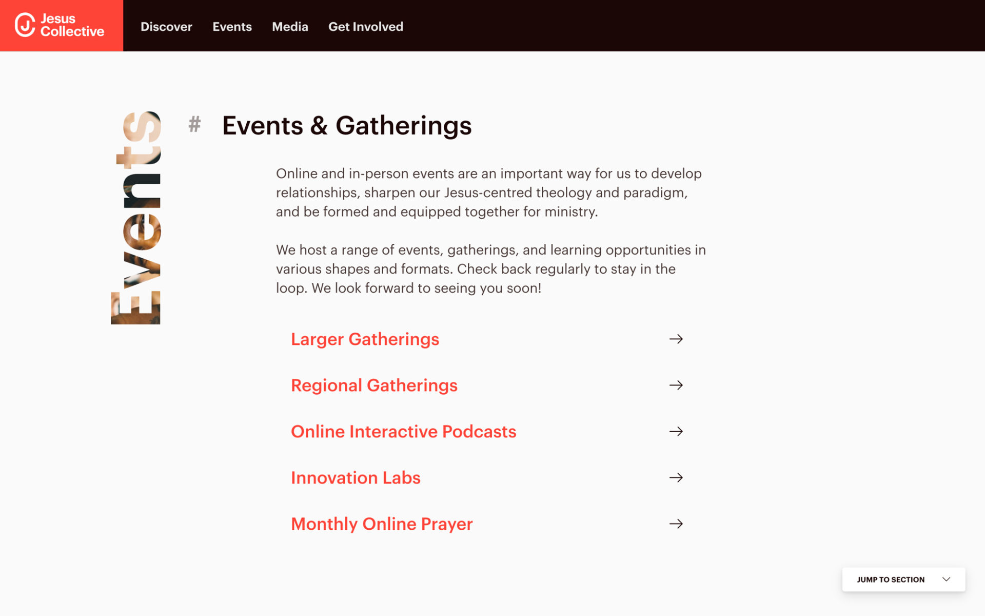 A section dedicated to events on the Jesus Collective site