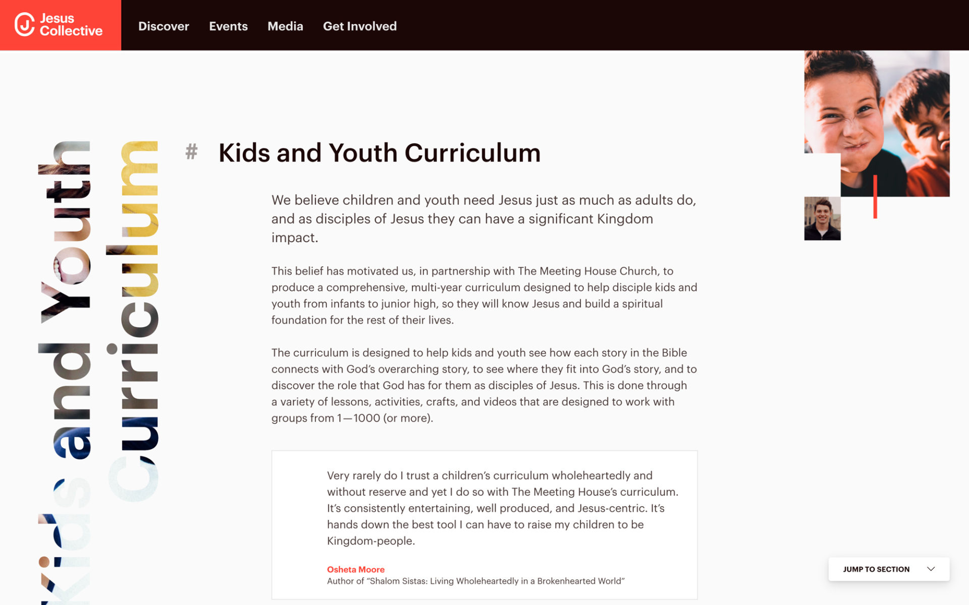 Section on the Jesus Collective website about Kids & Youth curriculum
