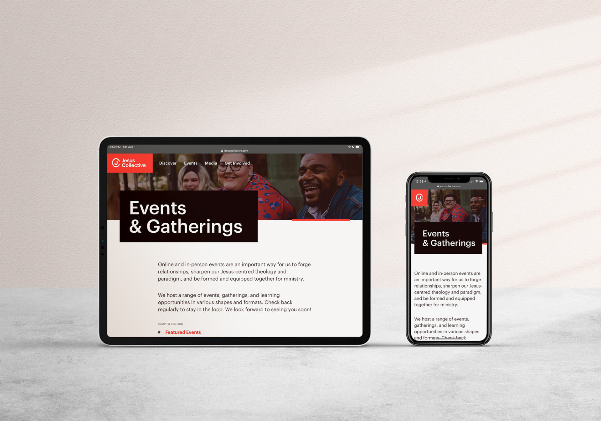 Jesus Collective's events page on an iPhone and iPad