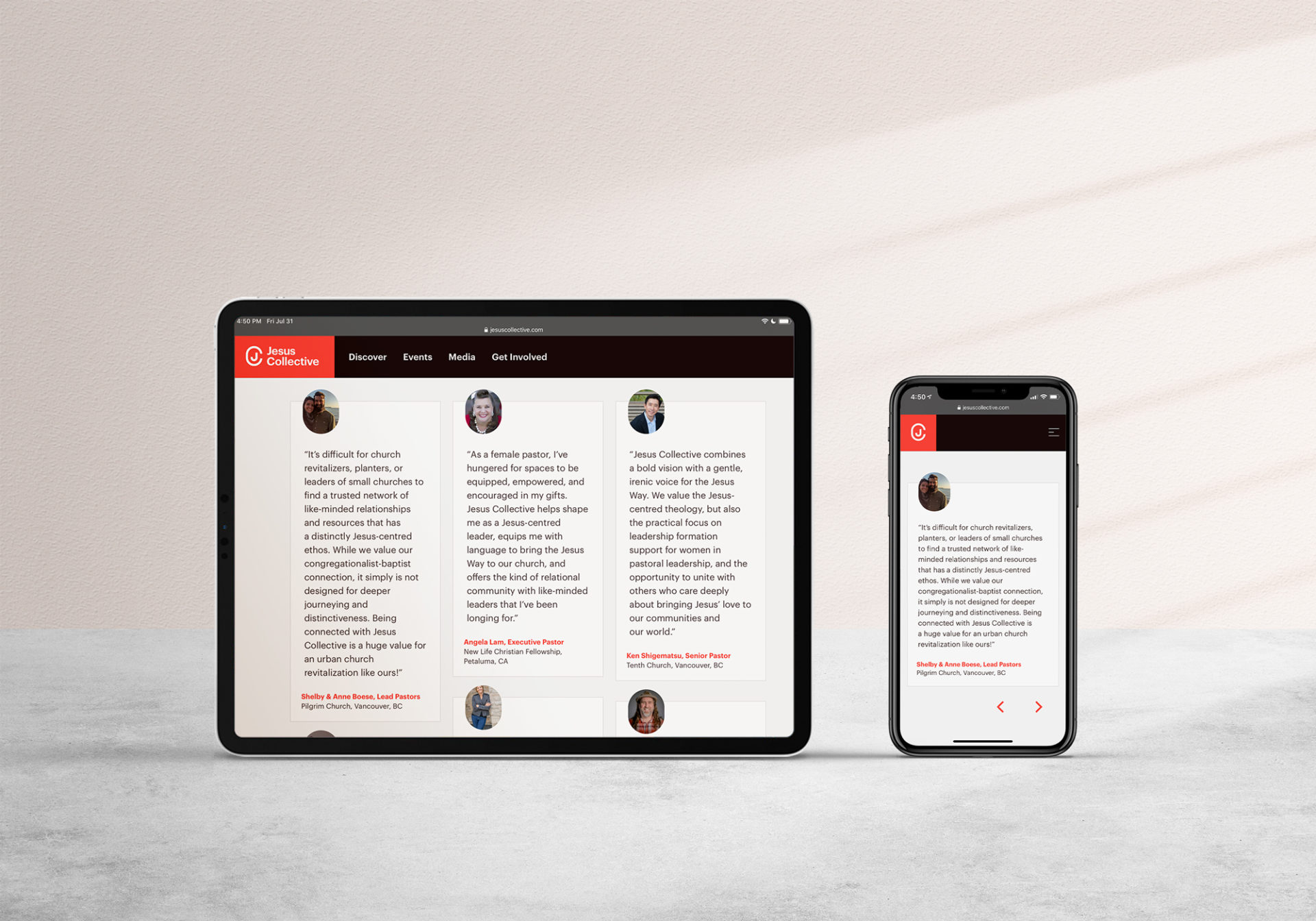 Jesus Collective's testimonials on an iPad and iPhone