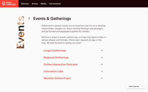 A section dedicated to events on the Jesus Collective site