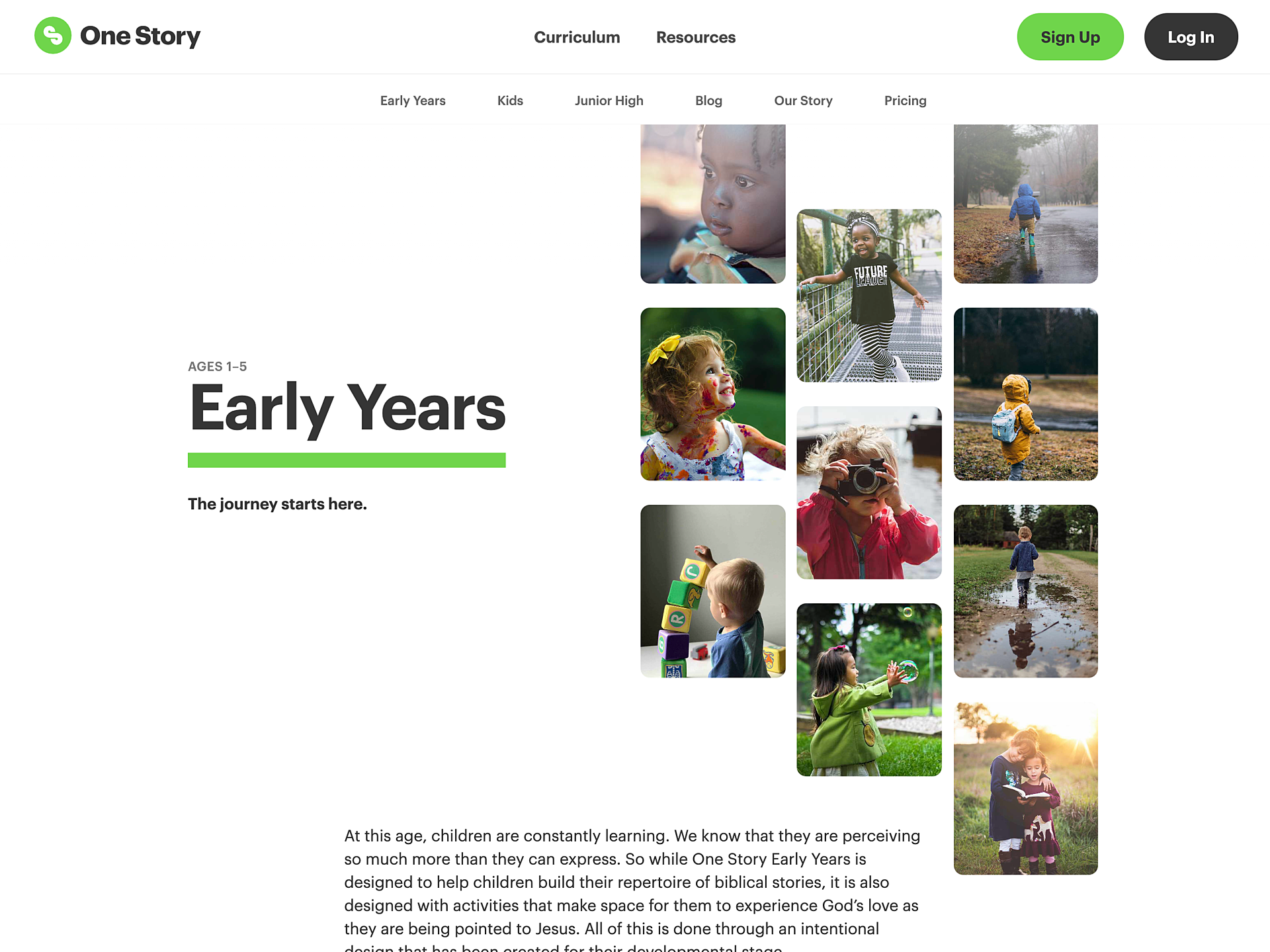 The page header of the Early Years curriculum page on the One Story website