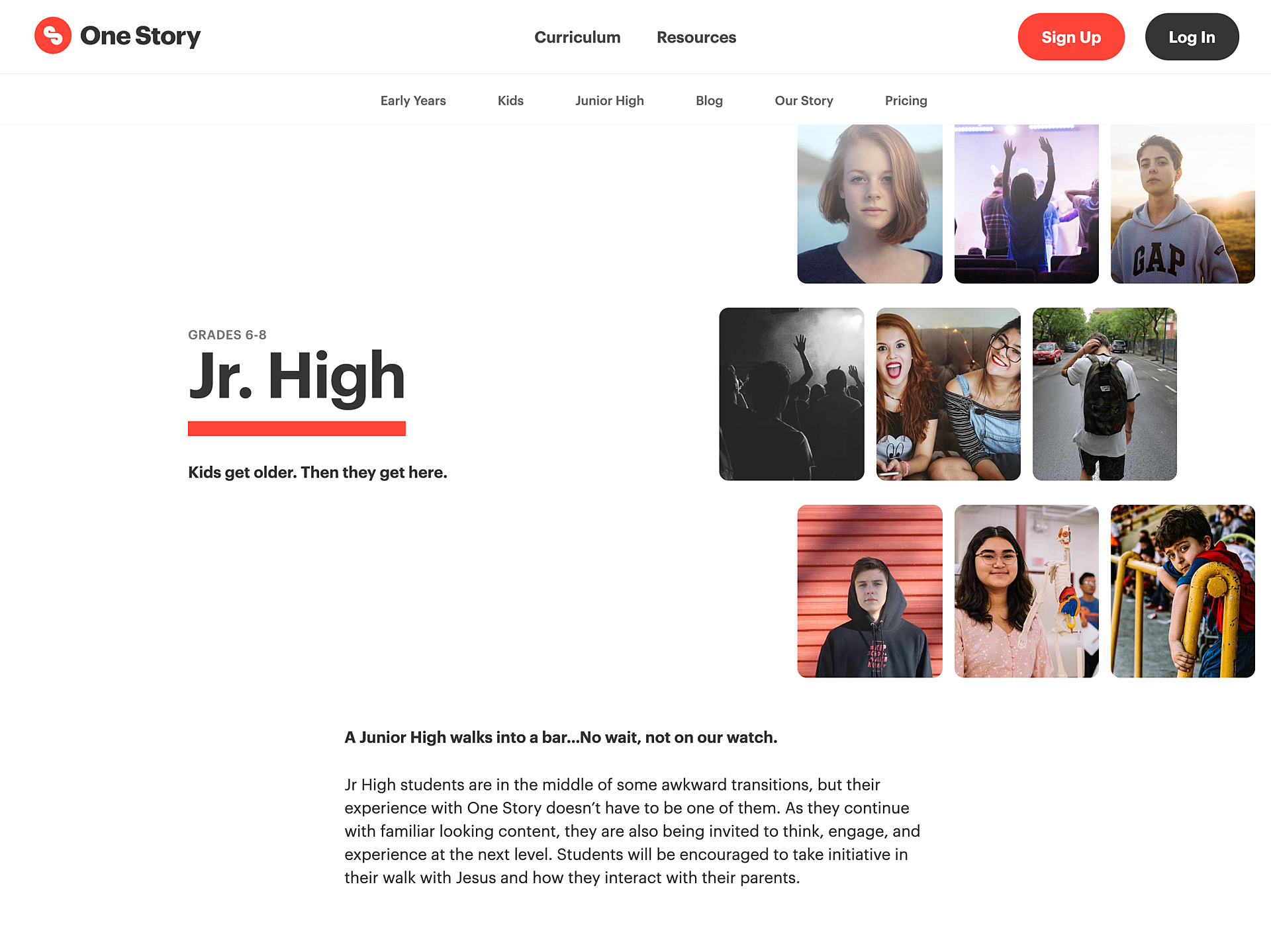 The page header of the Jr High curriculum page on the One Story website