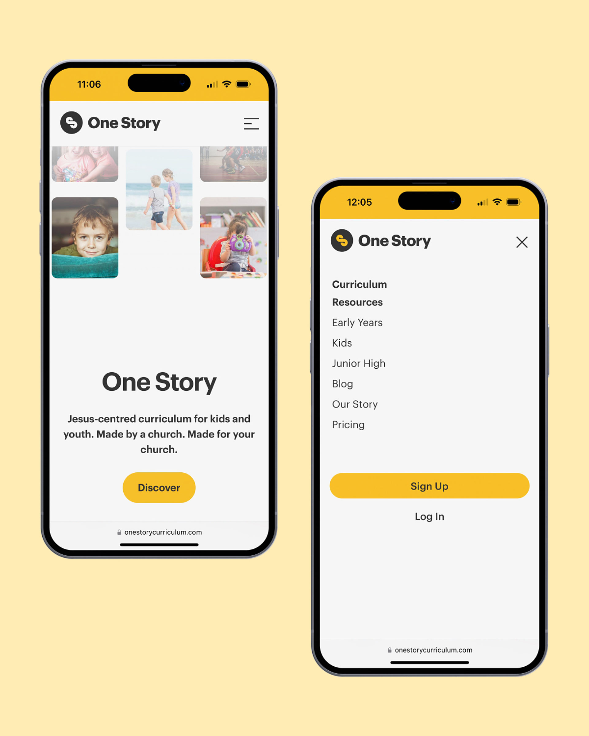 The One Story home page and the One Story site menu on a mobile device.