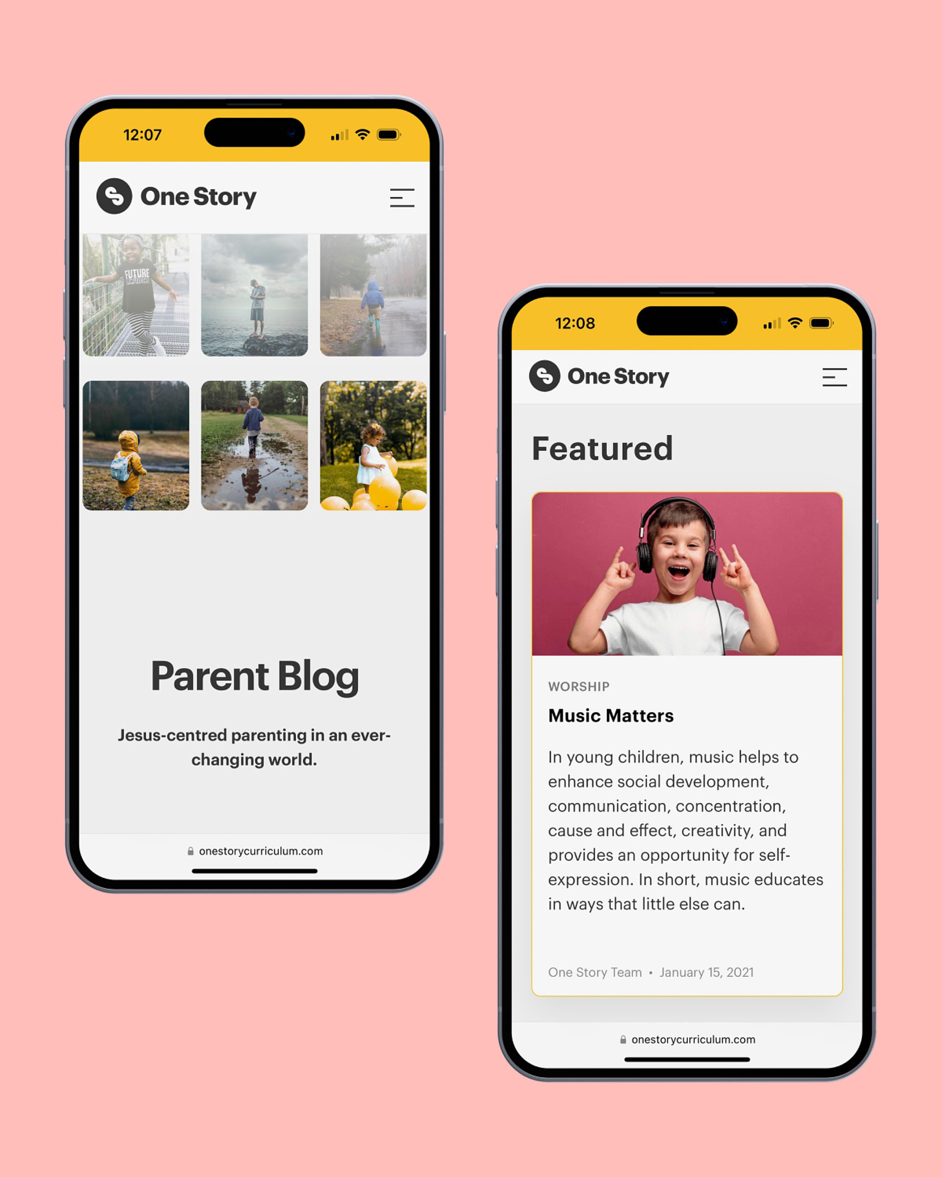 Screenshots of the One Story Parent Blog presented on mobile devices.