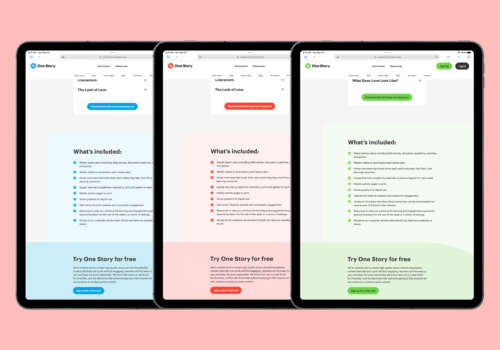 Screenshots of the different curriculum pages on the One Story website. There's a screenshot for Kids age bracket, the Junior High age bracket, and the Early Years age bracket. Each screenshot is displayed on a tablet. The tablets are slightly stacked overtop of one another.