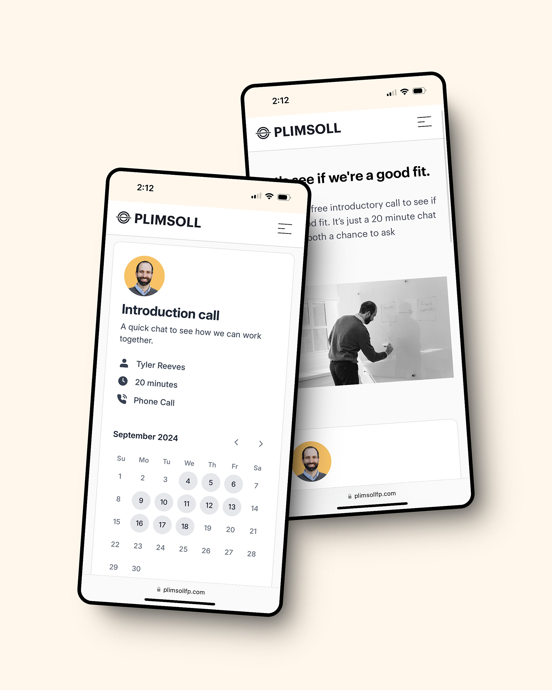 Two mobile screenshots from the Contact page of the Plimsoll FP website.