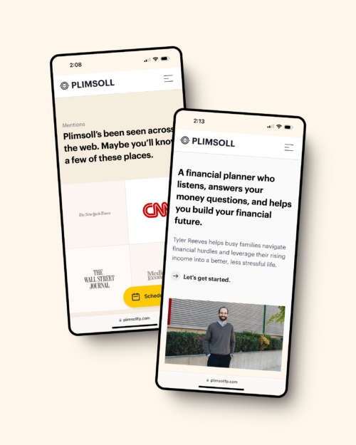 Two screenshots from the mobile version of the Plimsoll Financial Planning website home page.