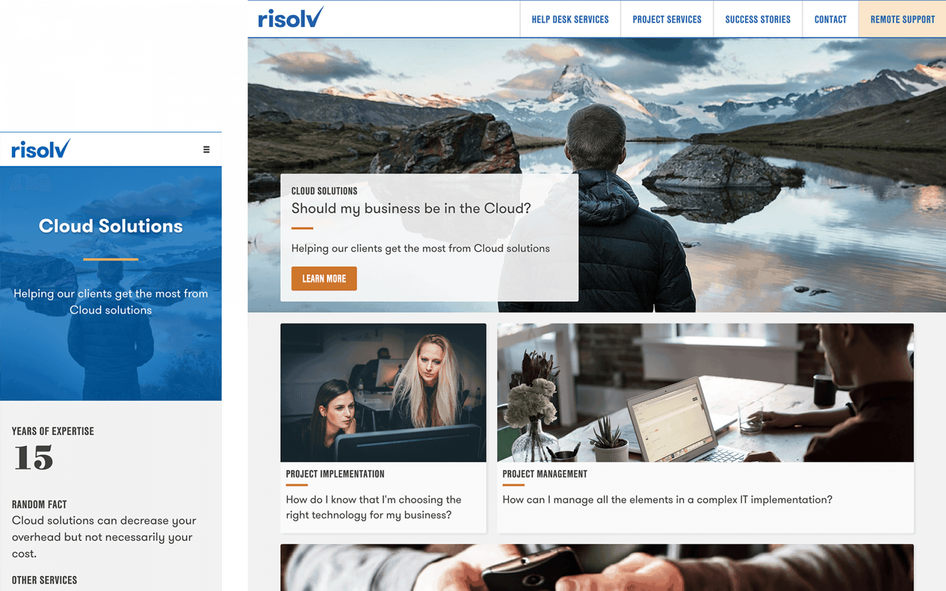 The Risolv home page on desktop and mobile