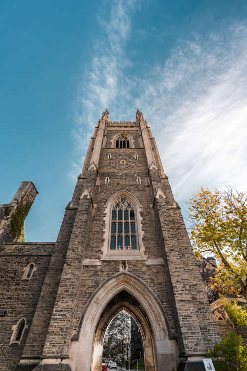 A tower on Wycliffe campus, reaching up into the bright sky