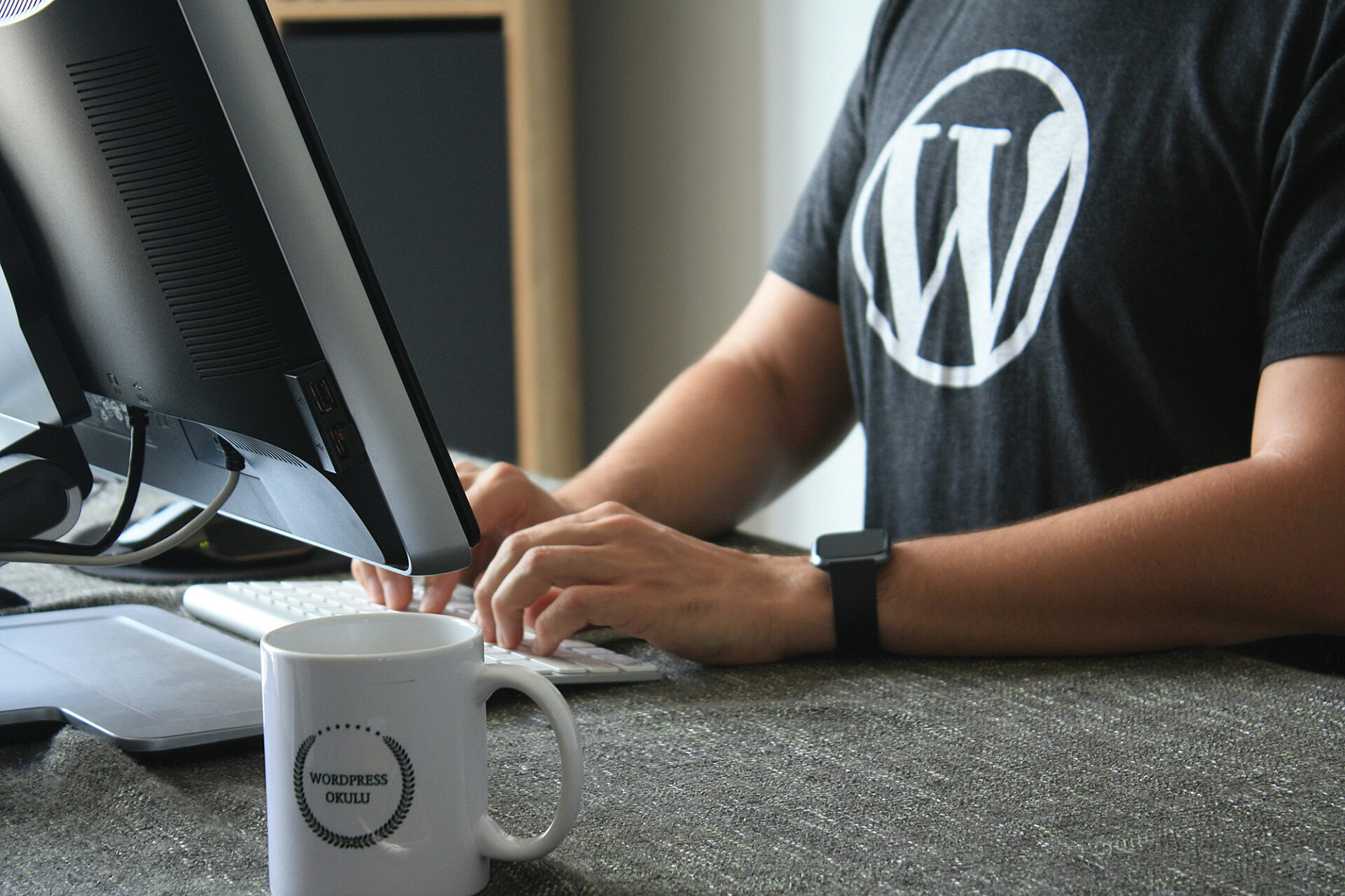 A person wearing a shirt with the WordPress logo on it works at their computer.