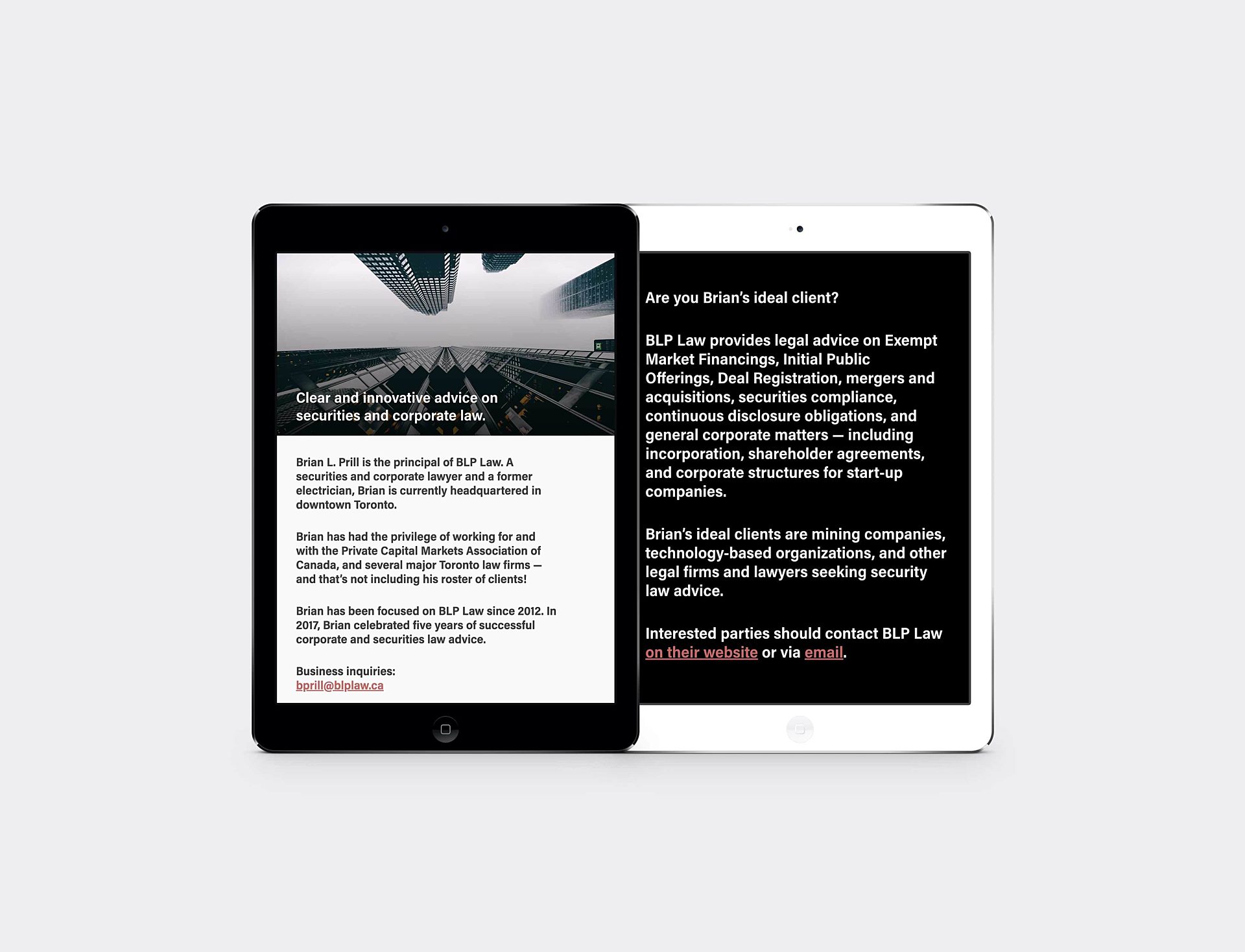 Pages from the BLP Law website in portrait orientation on two iPads