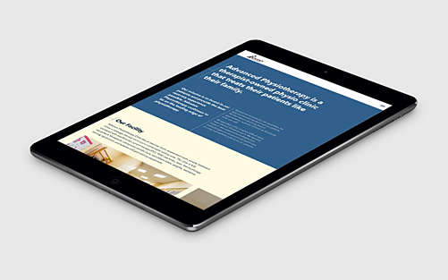 The About page of the Advance Physio website on a tablet