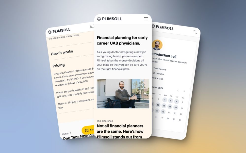 Multiple screenshots of the mobile version of the Plimsoll Financial Planning website.