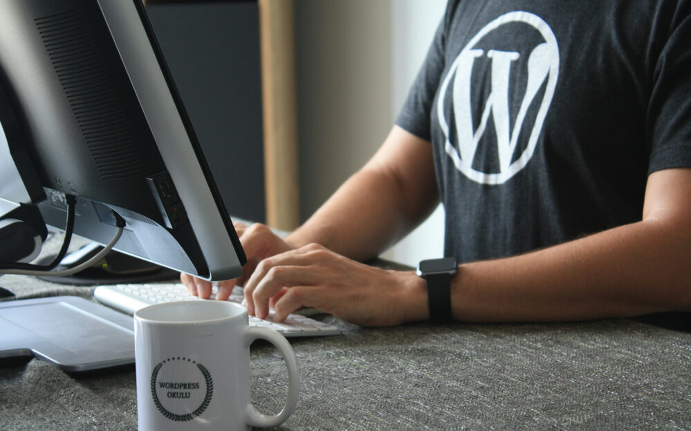 A person wearing a shirt with the WordPress logo on it works at their computer.